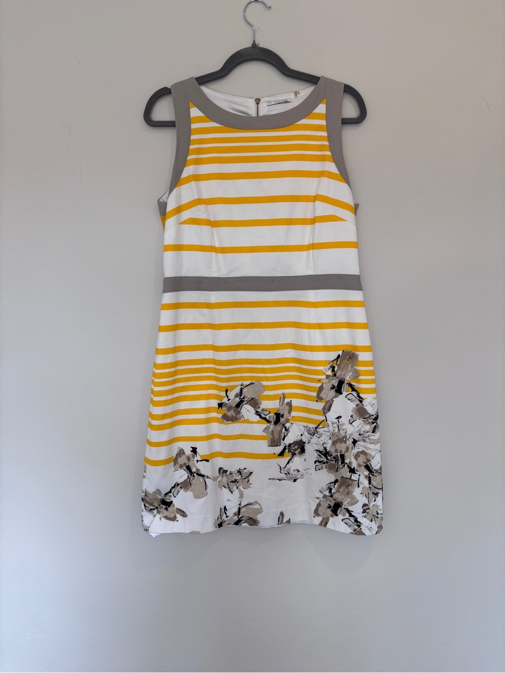 T Tahari Yellow & White Striped Dress with Taupe Trim